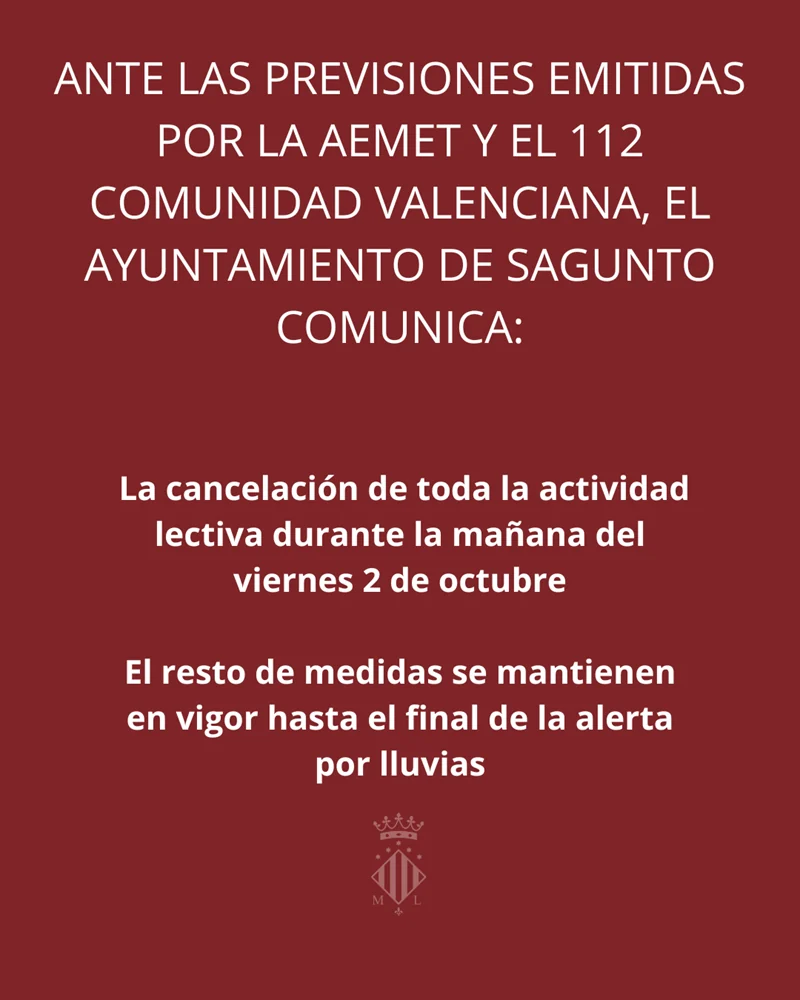 Aviso municipal sobre la suspensión de clases y medidas preventivas por lluvias en Sagunto